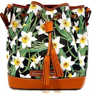 Dooney & Bourke Daffodil Flower Multicolor Drawstring Leather Bucket Bag Purse